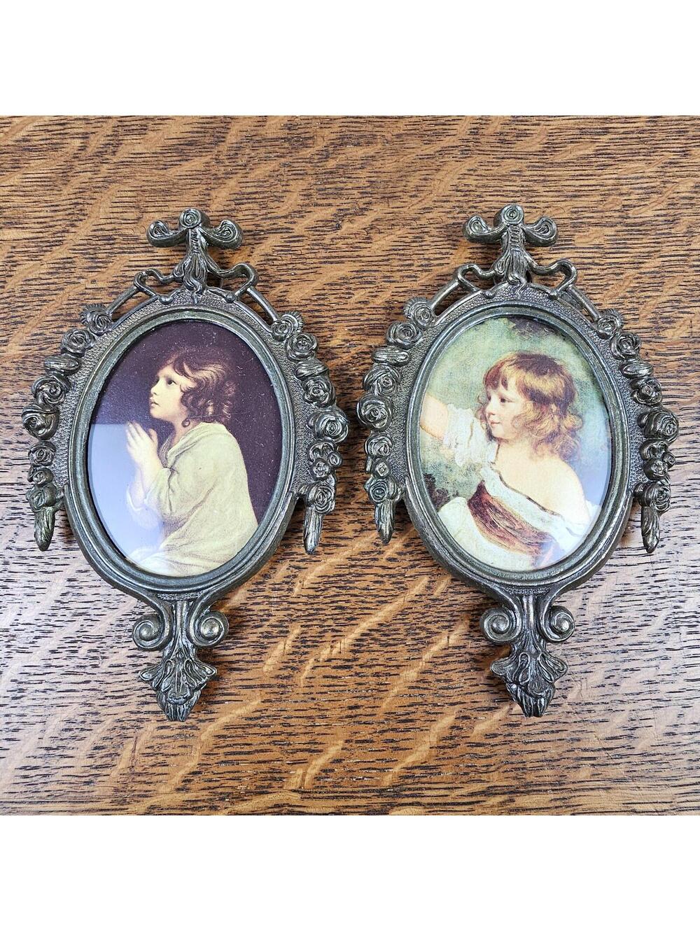Vintage Italian Child Portrait Wall Plaques Pair Ornate Cast Metal Frames - Picture 1 of 10